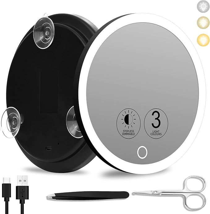 5x Lighted Magnifying Mirror with Suction Cups, Large 6'' Magnified Mirror with Light High Magnification Travel Makeup Mirror, Rechargeable Battery, 3 Colors Dimming Light, with Tweezers &Scissors