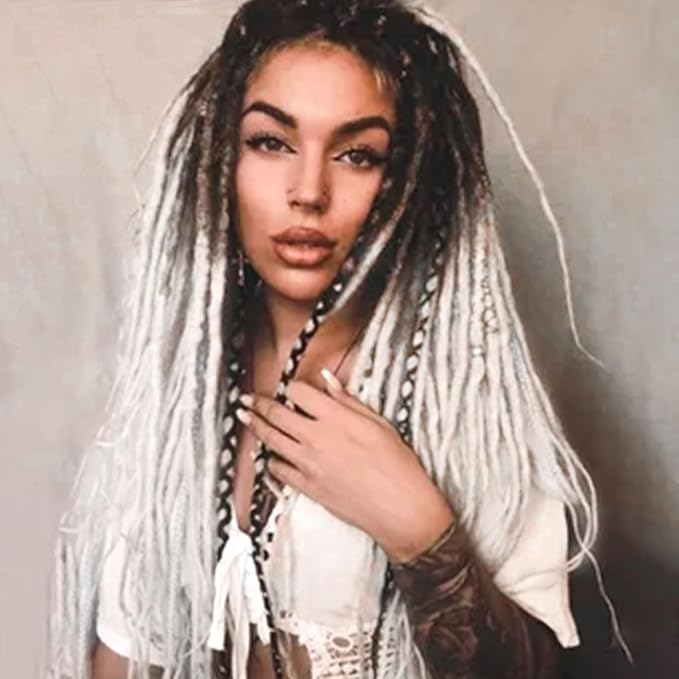 20 Strands 5 Clips In Dreadlock Extensions, 24 inch Gray to White Synthetic Clip In Dreads Extensions for Woman