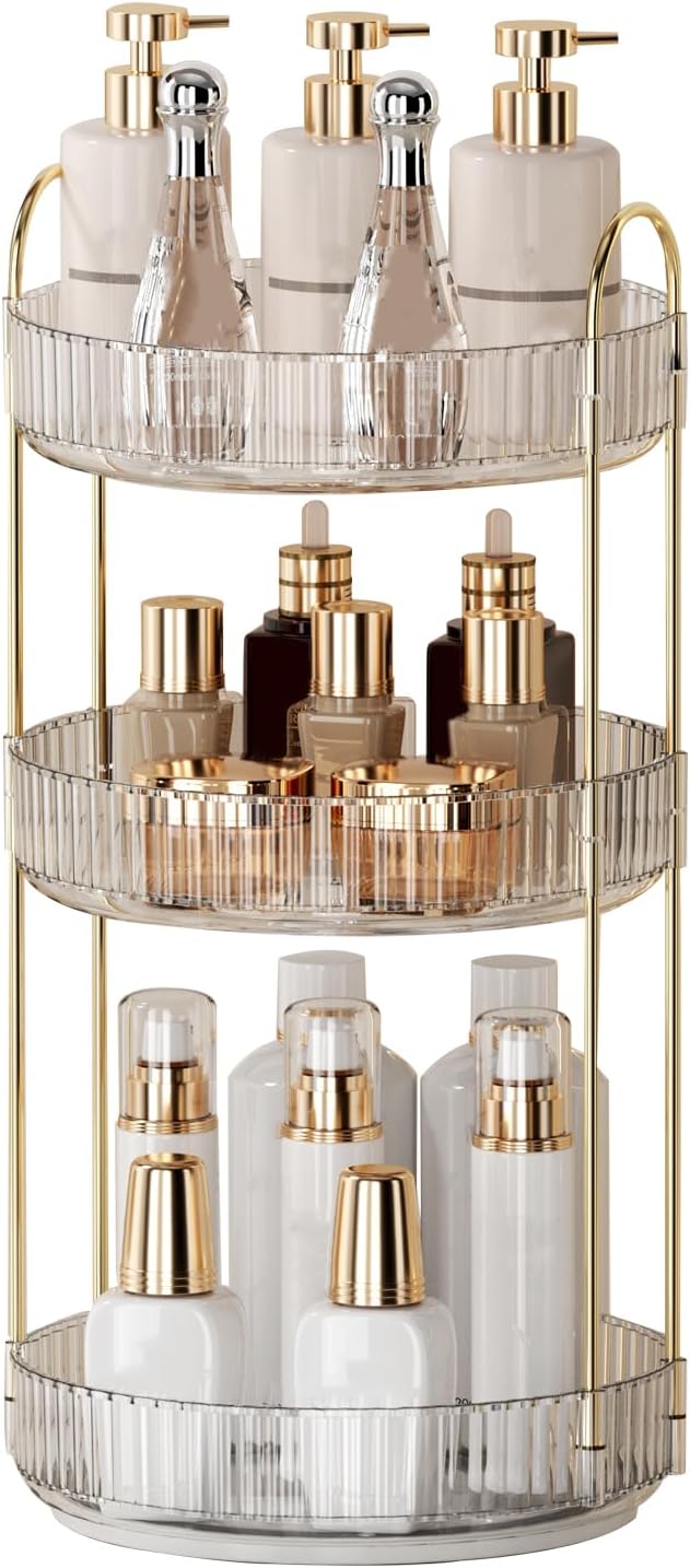 360° Rotating Makeup Organizer for Vanity - 3 Tier Perfume Organizer with Large Capacity - Skincare Organizer for Bathroom Counter - Space-Saving Cosmetic Storage for Dresser Countertop (Clear)