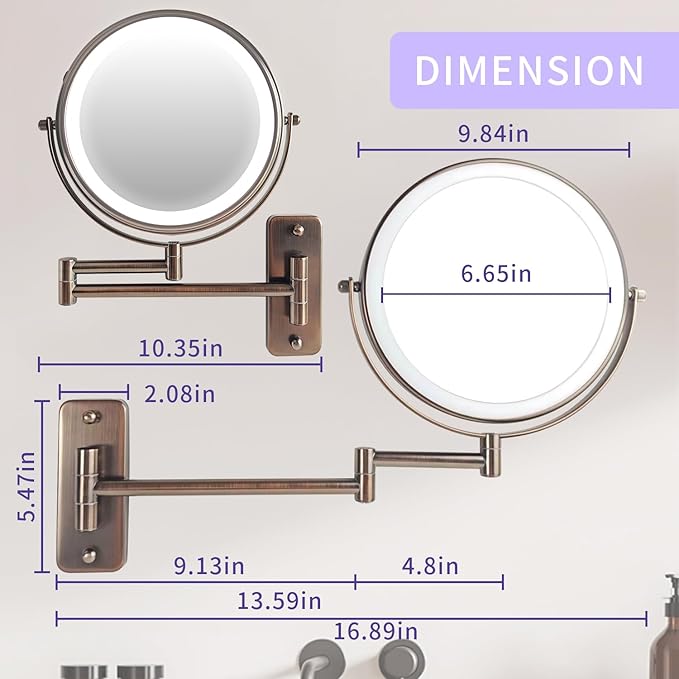 JANEEVA 8 inch Wall Mounted Lighted Makeup Mirror, Rechargeable Double Sided 1X/10X Magnifying Mirror with 3 Color Lights, Touch Dimming Vanity Mirror for Bathroom,Oil Rubbed Bronze