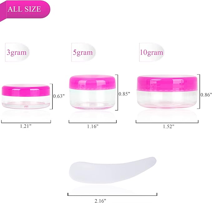 100PCS 3 Gram Sample Containers, 3ml Empty Jars with Lids, Small Cosmetic Containers, Mini Sample Jars with 8PCS Mini Spatulas for Make Up, Oils, Lotion, Powder, Paint, Jewelry, Lip Balms(Pink Lid)