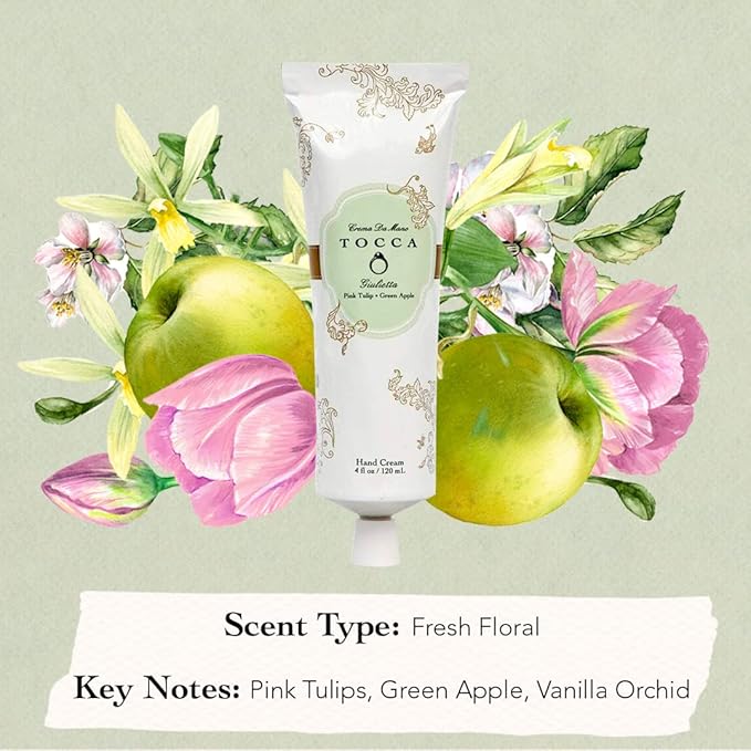 Tocca Crema de Mano Luxe, Giulietta Hand Cream, 4 oz - Pink Tulips, Green Apple, Vanilla Orchid - Moisturizing, Quick Absorbing