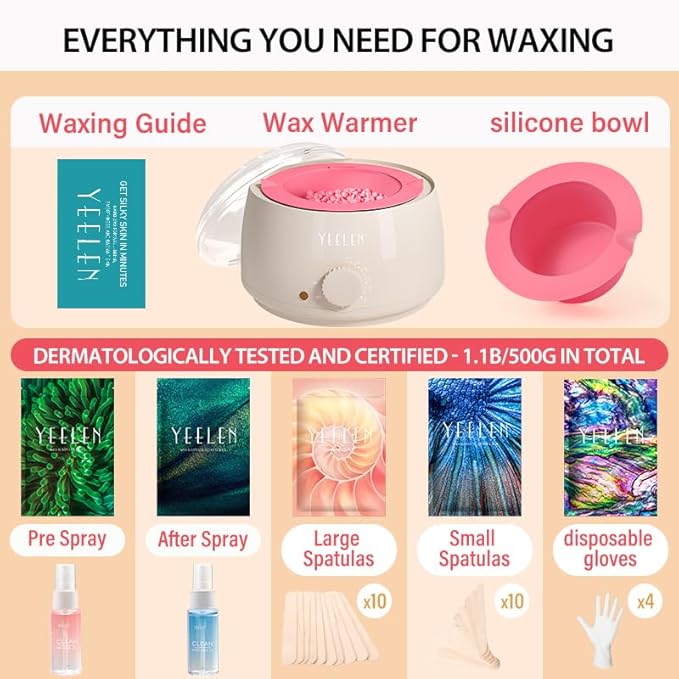 Complete Home Waxing Kit for Women: For Face Brazilian Eyebrow Bikini Leg & Sensitive Skin Hair Removal - with 5 Packs Hard Wax Beads Wax Warmer Kit