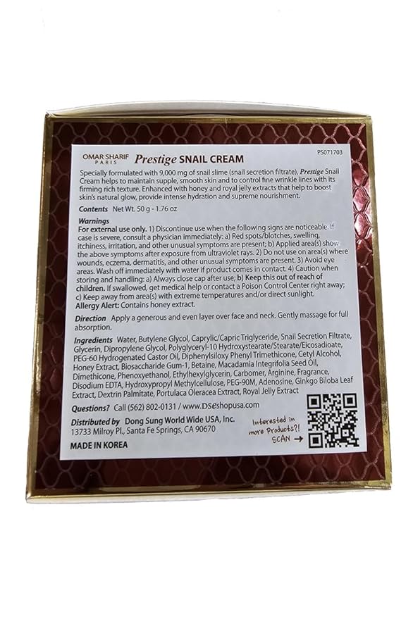 Omar Sharif Prestige All in One Snail Repair Cream 1.76oz(50g) Real Snail Formula Korean Cosmetic