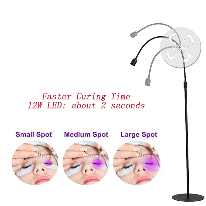12W UV Lash Light with Foot Pedal, Rapid Dry in 2 Seconds Lash Lamp for Eyelash Extension Grafting Eyebrow Beauty Salon, Adjustable Angle and Light Spot Size, Lash Light for Eyelash Tech (Black)