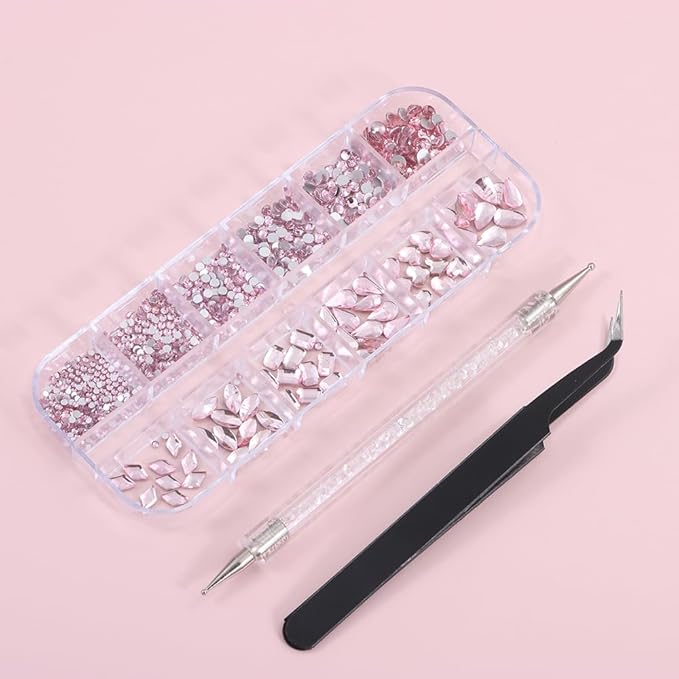 1000Pcs 12Gird Box Multi Size AB/Colorful Irregular Rhinestones Flatback Crystal Diamond Gems, with Pick Up Tweezers and Picker Dotting Pen for Nails, Makeup