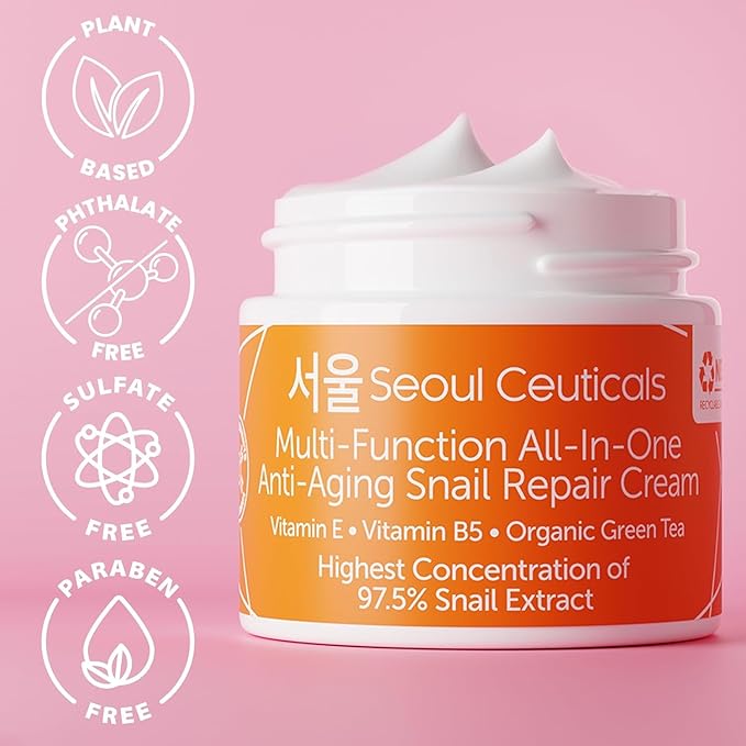 SeoulCeuticals Large 4oz 97.5% Snail Mucin Moisturizer Cream Korean Skin Care - K Beauty Skincare Day & Night Snail Repair Cream Filtrate Cruelty Free