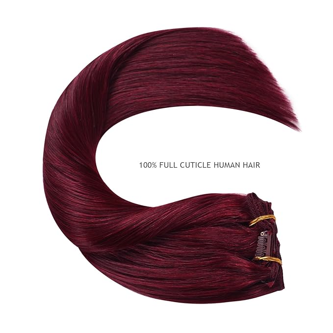YILITE Hair Extensions Clip in Human Hair 8Pcs 120Gram/Pack Burgundy Silky Remy Human Hair Double Weft Straight Real Hair Extensions Clip ins Thick (18inches #99J Burgundy)