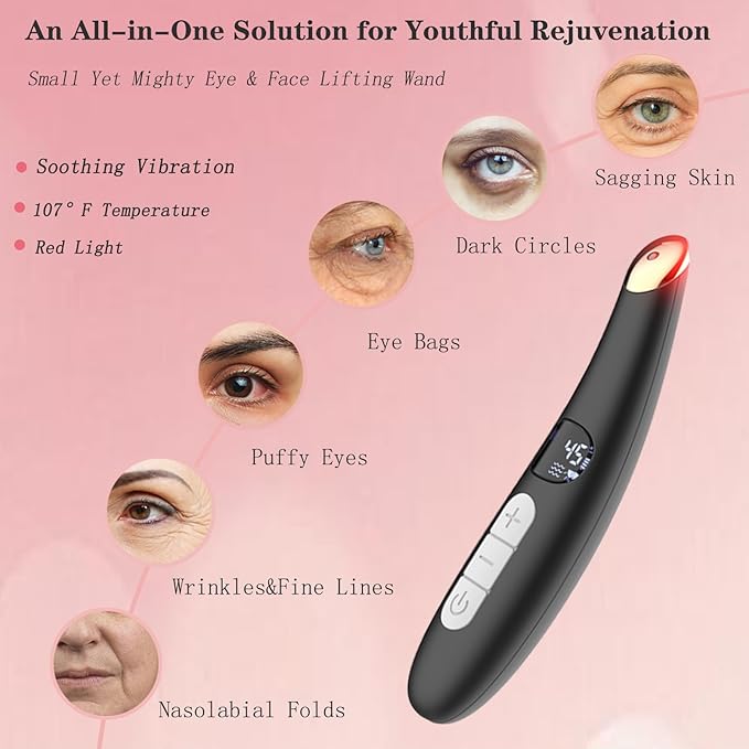 Eye Lift Wand, 3 in 1 Vibrating 98°F to 113°F LCD Eye Massager for Dry Eyes, Dark Circles and Puffiness, Face & Neck Lifting Tool for Fine Lines and Wrinkles, Black