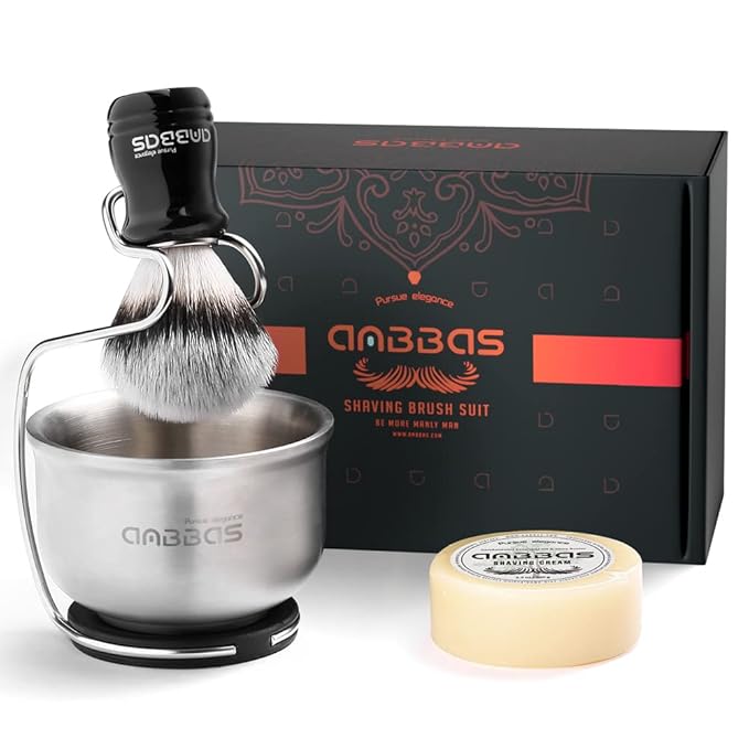 Anbbas Synthetic Badger Shaving Brush with Stainless Steel Shaving Stand and Lathering Foam Bowl, 3.5 oz Natural Shaving Soap Puck Refill for Men Wet Shave