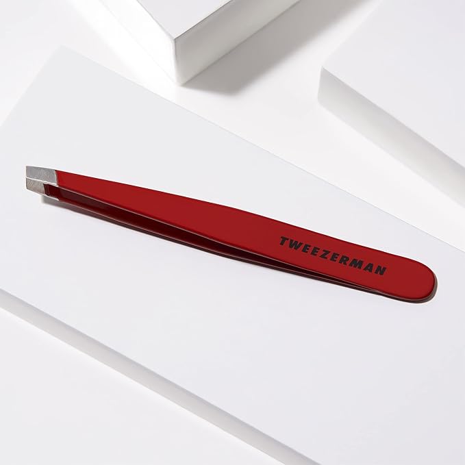 Tweezerman Stainless Steel Slant Tweezer - Eyebrow Tweezers for Women and Men (Signature Red)
