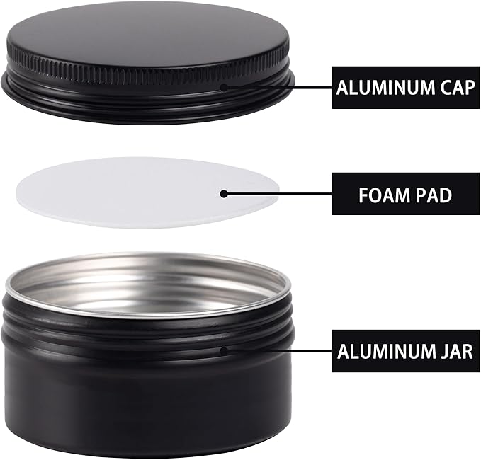 24 Pack 4oz Screw Top Aluminum Tin Jars with Screw Lids and Blank Labels - Refillable 120ml Metal Containers for Lip Balms, Candles, Salves, Spices, Crafts (Black)