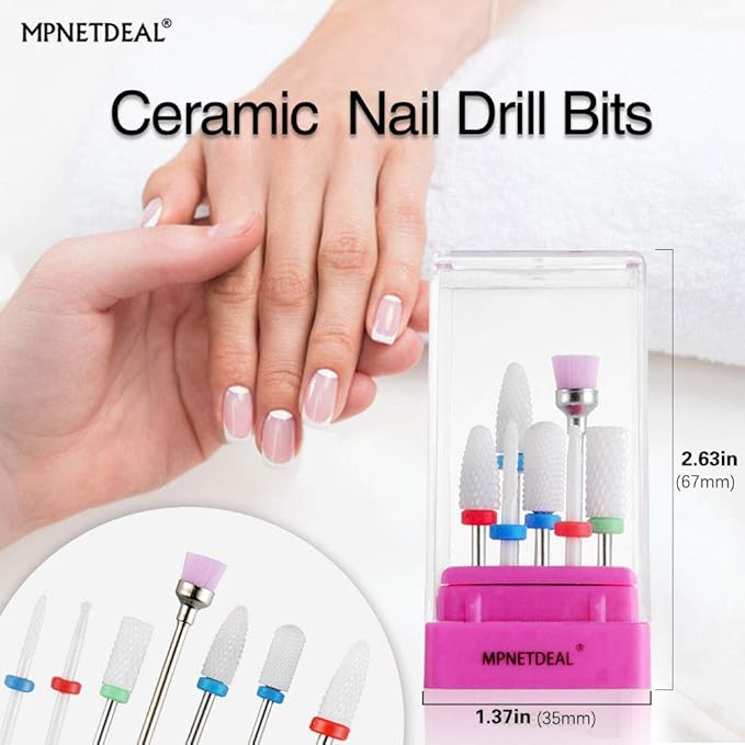 Ceramic Nail Drill Bits Set 7Pcs, Durable Less Dust, 3/32 inch for Acrylic Gel Nails Cuticle Manicure, Professional Acrylic Nail File Drill Bit