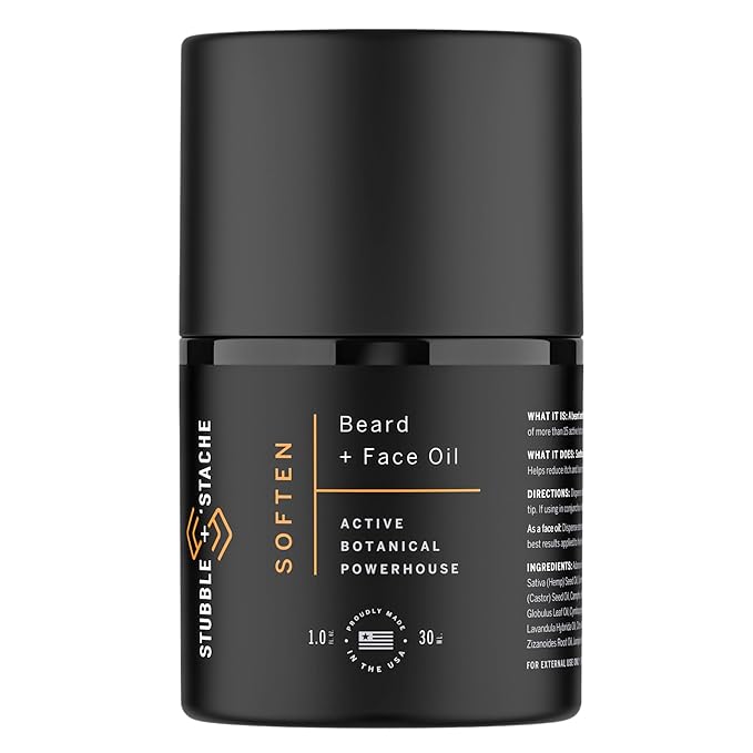 stubble & stache Hydrating Beard Oil for Men – Dual-Use Face & Beard Moisturizer & Conditioner with Baobab, Jojoba & Argan – Softens Hair, Stops Itch & Dry Skin – Lightweight Non-Greasy Oil, 1 fl oz