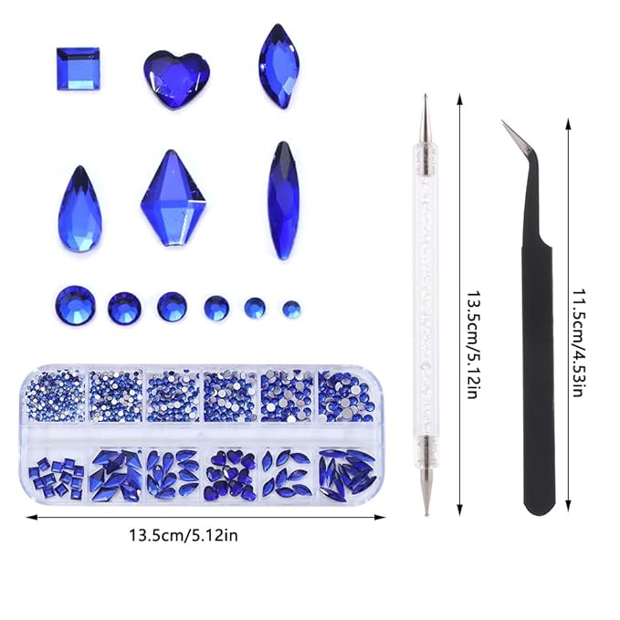 1000Pcs 12Gird Box Multi Size AB/Colorful Irregular Rhinestones Flatback Crystal Diamond Gems, with Pick Up Tweezers and Picker Dotting Pen for Nails, Makeup