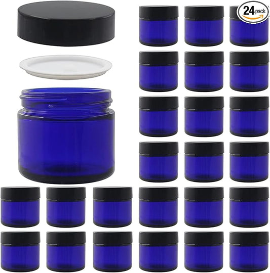 24 Pack 2 oz Round Blue Glass Cosmetic Jars with Inner Liners and Black Lids, Travel Jars, Refillable Containers for Makeup, Cream, Lotion, Sugar Scrubs, Eye Shadow, Slime, Paint, Jewelry