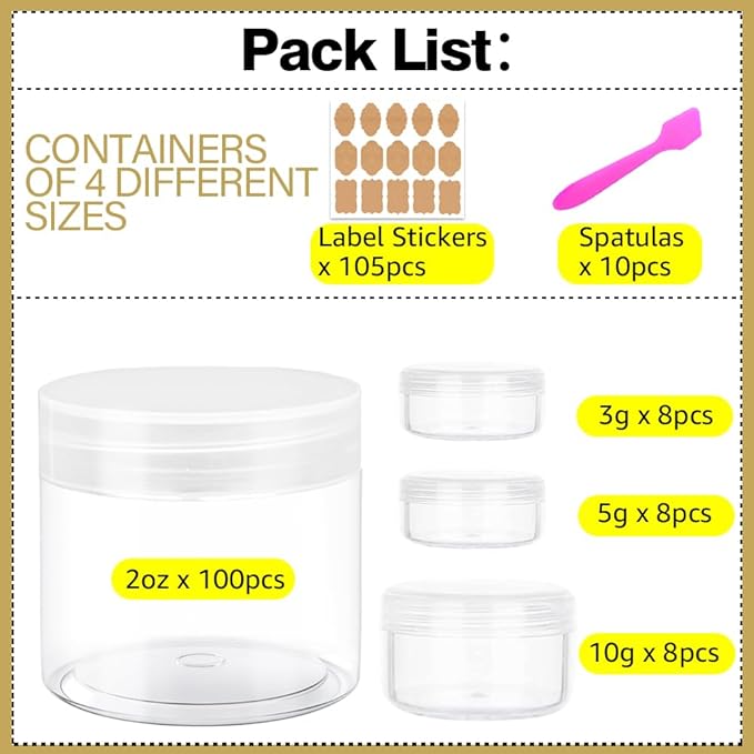 2 oz Plastic Containers with Lids 100pcs Plastic Jars with Clear Lids + 3/5/10 Gram 24pcs Sample Containers Travel Jar– Great for Lip Scrub, Body Butters, Cream, Lotion, Labels & Spatulas (124 Pack)