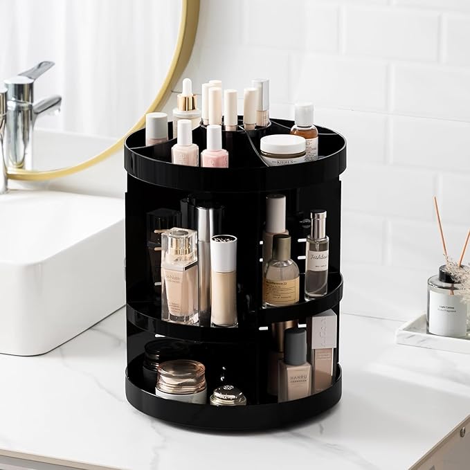HBlife 360 Rotating Makeup Organizer Plus Size Adjustable Carousel Large Capacity Revolving Perfume Organizer Skincare Organizers Cosmetic Storage Spinning Holder for Vanity, Black