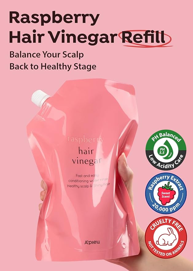 A'PIEU Raspberry Hair Vinegar Rinse Refill 13.6 fl oz - Scalp Treatment for Balanced pH, Shiny Hair | Korean Hair Care I Clarifies & Encourages Growth | Dandruff & Oil Control