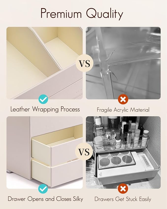 Vlando Makeup Organizer,Skincare Organizer for Vanity,PU Leather Make up Organizer with Drawers Cosmetic Display Case for Countertop,Bathroom,Gifts Ideas for Women (Apricot White)