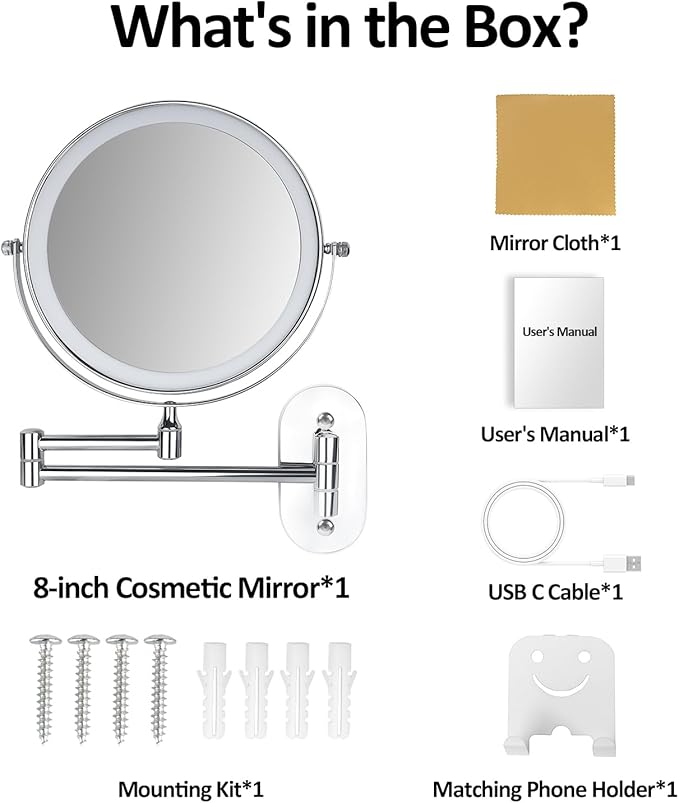 8" Wall Mounted Lighted Makeup Mirror, 1X/10X LED Lighted Magnifying Mirror with 3 Colors, 360° Rotation Double Sided Extension Foldable Arm Rechargeable Makeup Mirror, Touch Dimming