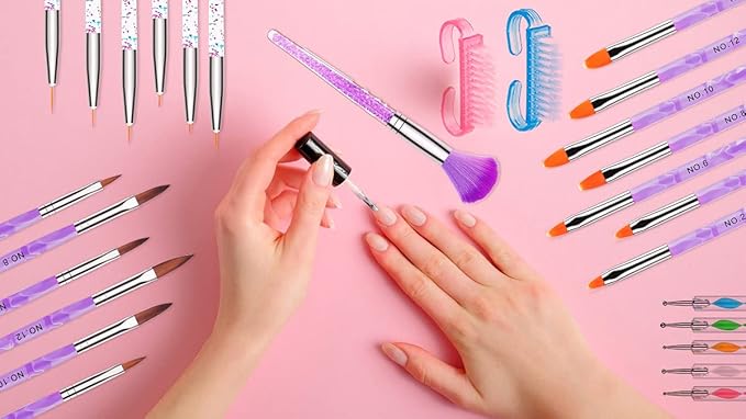 AROIC Acrylic Nail Brush Set - 28 Pcs Including UV Gel Art Brushes, 3D Extension Brush, Double Ended Dotting Pen for DIY With White Box, Colorful (Pack of 2)