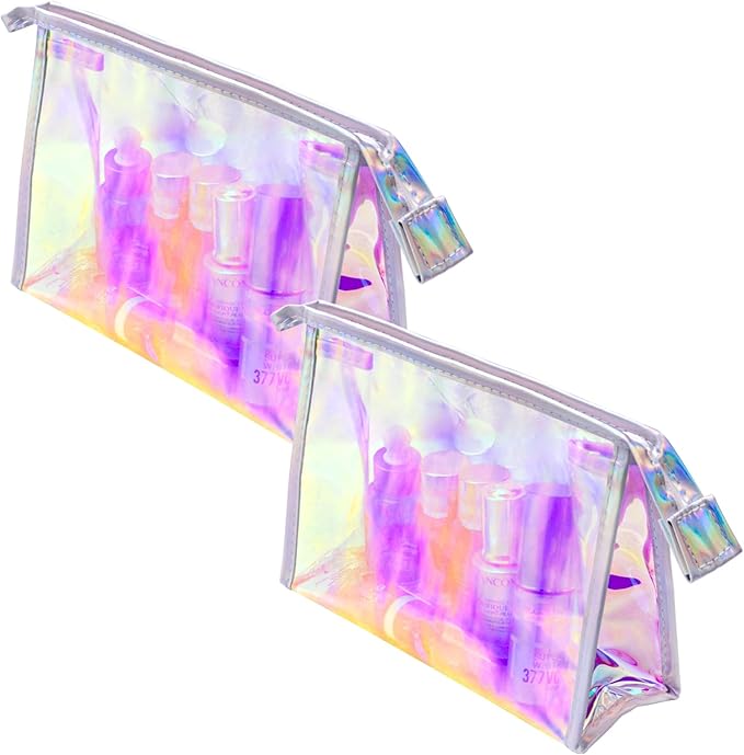 Zwish 2Pack Holographic Makeup Bags Bulk, Iridescent Pouch Portable Zippered Toiletry , Travel Makeup Brush Holder, Makeup Organizer, Waterproof Cosmetic , Gift Bags for Women