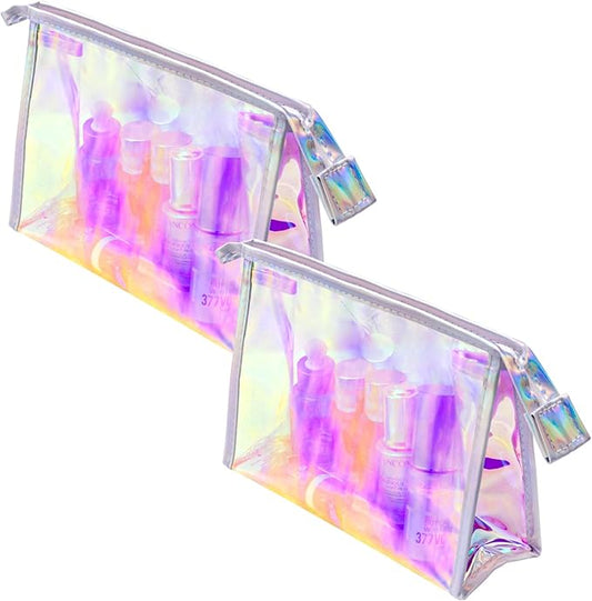 Zwish 2Pack Holographic Makeup Bags Bulk, Iridescent Pouch Portable Zippered Toiletry , Travel Makeup Brush Holder, Makeup Organizer, Waterproof Cosmetic , Gift Bags for Women
