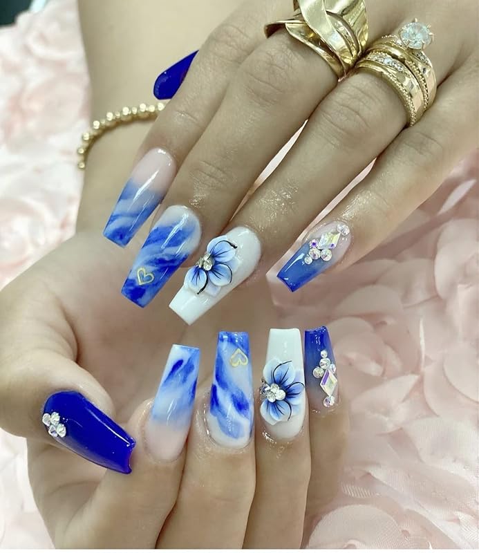 3D Acrylic Cobalt Flower Nail Art Charms Handmade by Acrylic Powder - 24pcs 3D Flowers Nails Rhinestones Kit 3D Crystal Nail Pearls Design Acrylic Nail Art for Women (Cobalt)
