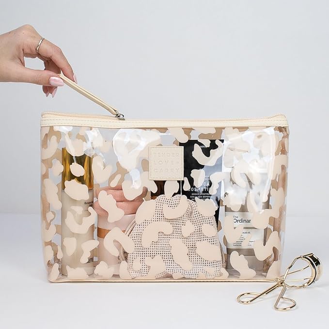 Beige and Transparent Leopard Print Holdall - Water-Resistant Travel Bag for Toiletries & Cosmetic Essentials