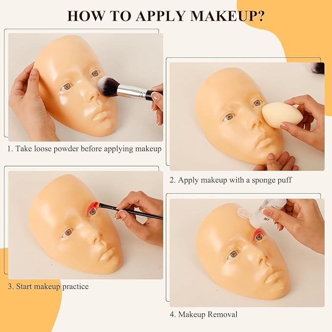Yellow Silicone Makeup Practice Head - Set with Face Painting Mannequin, Brushes, Eyebrow Pen, Gift Accessories