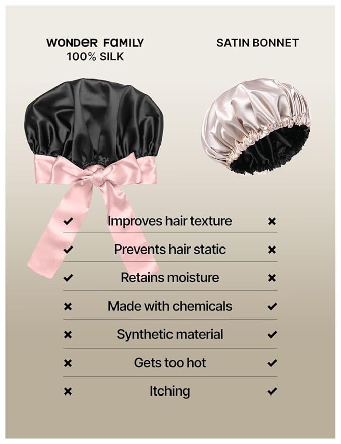 100% Mulberry Silk Bonnet for Sleeping Women with Curly Hair - Short Long Hair Bonnet for Sleeping - Alternative to Double Layer Satin Bonnet with Tie Band - Premium Wrap for Sleep Black