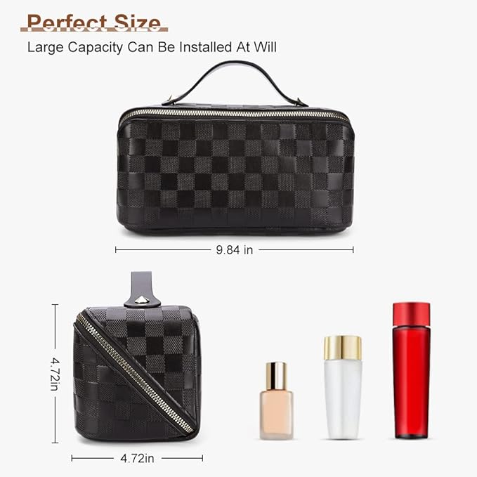 Cessfle Large Capacity Travel Cosmetic Bag Plaid Checkered Makeup Bag Portable Leather Waterproof Skincare Bag with Handle and Divider for Women, Black