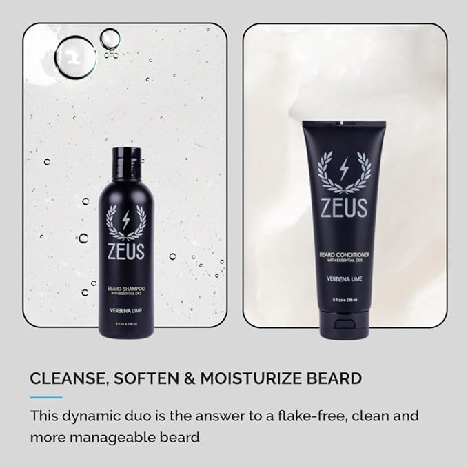 ZEUS Beard Wash & Beard Conditioner Set with Green Tea for Men, Soften, Hydrates & Moisturizes - MADE IN USA (Verbena Lime)