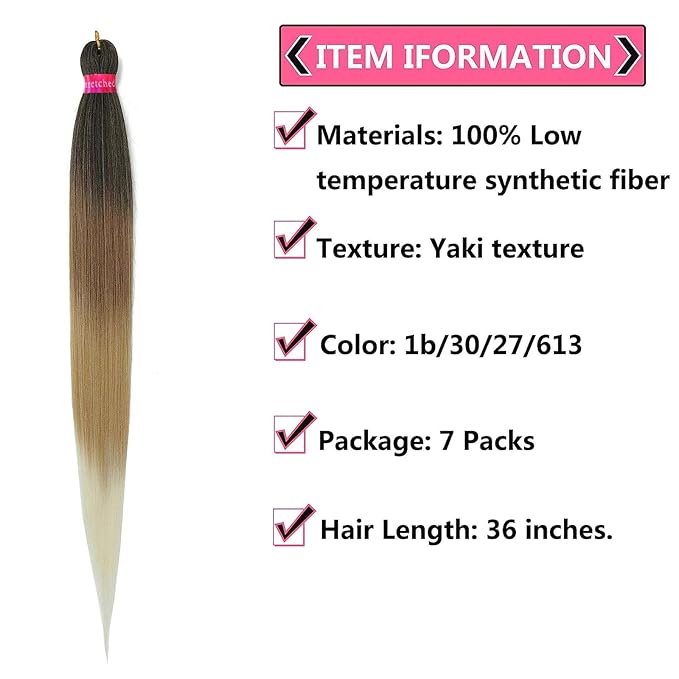 36'' Ombre Pre Stretched Braiding Hair Yaki Texture Crochet Braid Hair Extensions 4 Tones Braiding Hair Pre Stretched (7packs,1b/30/27/613)