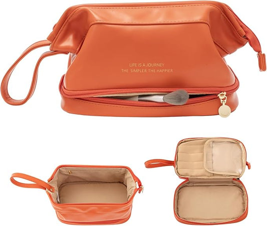 Abiudeng Large Capacity Makeup Bag Ladies Cosmetic Bag Travel Bag with Compartments Portable PU Leather Travel Makeup Bag with Handle