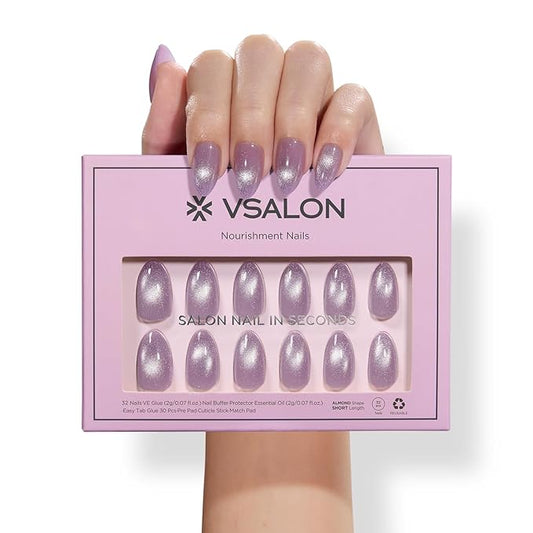 VSALON Short Almond Press-On Nails - Purple Cat Eye Design, Reusable Fake Nails with Nail Glue, Protector Cuticle Oil, Adhesive Tabs & Mini Nail File - 32 PCS in 16 Sizes (Crystal Dawn)