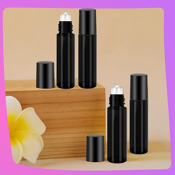 150 Pcs Essential Oil Roller Bottles 10 ml Leakproof Empty Glass Roll on Bottles with Stainless Steel Roller Balls with 20 Funnels 20 Droppers for Travel Perfume Essential Oil (Black)