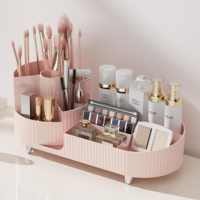 Rotating makeup organizer,Large Capacity Cosmetic Display Case, easy to hold all of your makeup products, at least 20 makeup brushes/eyeliner,10 lipsticks,8 skincare products(Pink)