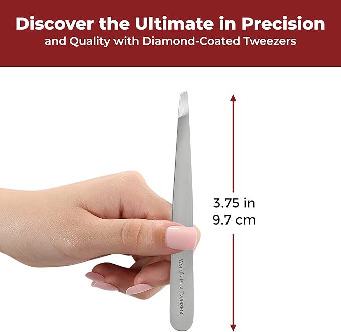 World's Best Tweezers Diamond Tip - Diamond Coated Slant Precision Tweezer for Eyebrow, Facial & Ingrown Hair Removal - Suitably Aligned Stainless Steel Tool Grabs Hair from the Root