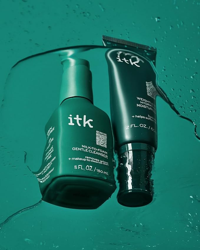 ITK Skincare Cleanser + Moisturizer Set - Milk-To-Foam Face Wash Cleanser + Weightless Hydrating Moisturizer for Smooth and Nourished Skin - Helps Remove Makeup + Hydrate Skin - Skincare Gift Set