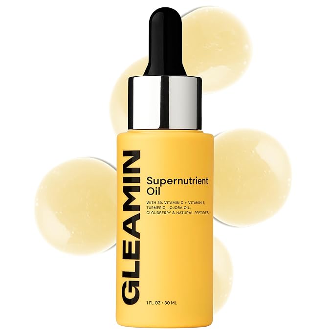 Gleamin Brightening Face Oil with Vitamin C, Vitamin E, Jojoba Oil, Cloudberry, Peptides & Turmeric – Hydrating, Skin Firming Oil for Dull Skin & Dark Spots | Fragrance-Free Facial Oil, 1 fl