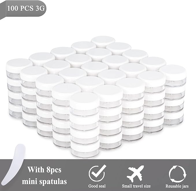 100PCS 3 Gram Sample Containers, 3ml Empty Jars with Lids, Small Cosmetic Containers, Mini Sample Jars with 8PCS Mini Spatulas for Make Up, Oils, Lotion, Powder, Paint, Jewelry, Lip Balms(White Lid)
