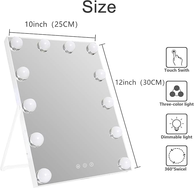 10" x 12" Vanity Mirror with Lights,Portable Travel Mirror with 12 LED Lights Bulbs,Lighted Makeup Mirror with 3 Color Lighting Modes,Mirror with Lights for Makeup Desk & Dressing Room,White