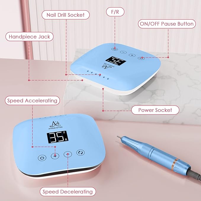 Professional 35000 RPM Electric Nail Drill, Portable Nail File Kit for Any Manicure, Pedicure, Acrylic Nails Gel Polishing Removing, Designed for Salon, Home, Gift Giving, Blue