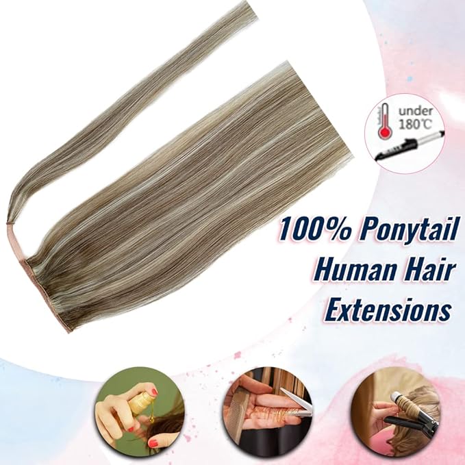 Ponytail Extension Human Hair Blonde Highlights Ponytail Pony Hair Pieces Clip in Wrap Around Pony Remy Hair Extensions for Women 20 Inch 80G #8P60