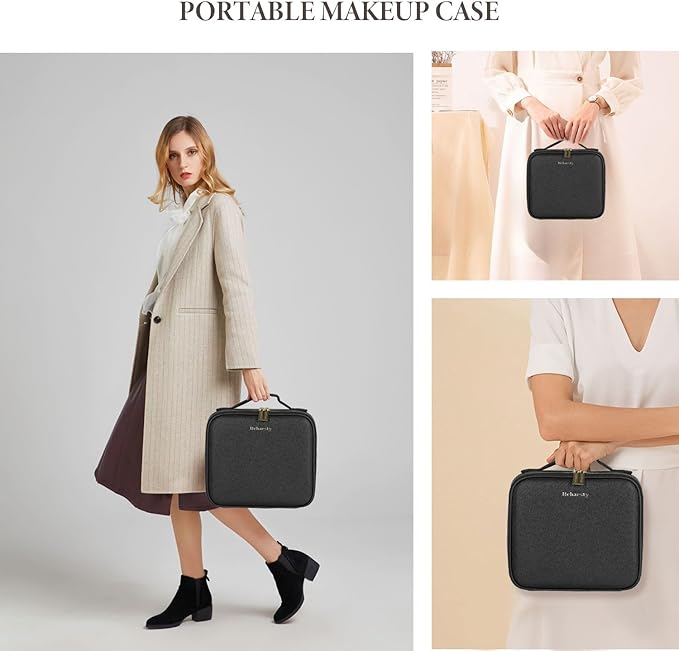 Travel Makeup Bag with LED Lighted Mirror, Cosmetic Makeup Organizer Bag with 3 Color Setting, Makeup Train Case with Adjustable Dividers for Women Makeup Brushes Jewelry Accessories (Black)