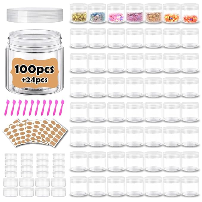2 oz Plastic Containers with Lids 100pcs Plastic Jars with Clear Lids + 3/5/10 Gram 24pcs Sample Containers Travel Jar– Great for Lip Scrub, Body Butters, Cream, Lotion, Labels & Spatulas (124 Pack)