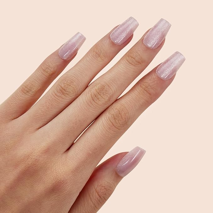 VSALON Short Coffin Press-On Nails - Pink Cat Eye Glue on Nails, Reusable Fake Nails with Nail Glue, Protector Cuticle Oil, Adhesive Tabs & Mini Nail File - 32 PCS in 16 Sizes (Pink Fantasy)