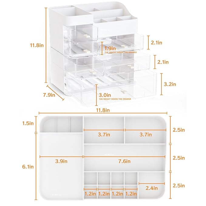 White Makeup Organizer With 6 Drawers,2 Pack Stackable Plastic Cosmetic Storage Organizer for Dresser and Vanity,Ideal for Beauty,Perfume,Brushes,Skincare Bathroom Organizers and Storage Counter